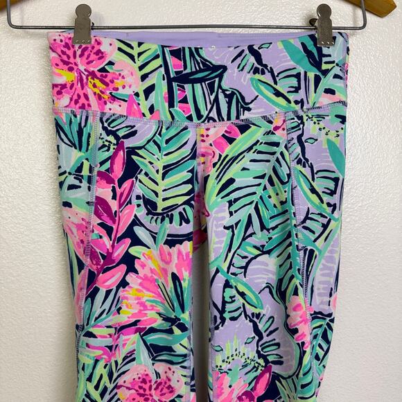 Lilly Pulitzer Luxletic Anika Weekend Leggings XS Green Pink Floral Yoga Crop - Picture 3 of 13